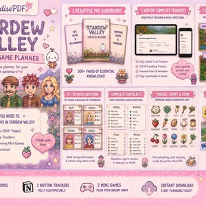 Pu&ograve; includere: Pianificatore di giochi digitale per Stardew Valley, con guide, tracker Notion e minigiochi. Include illustrazioni di personaggi, liste di controllo e strumenti di pianificazione agricola. Il design &egrave; prevalentemente rosa.