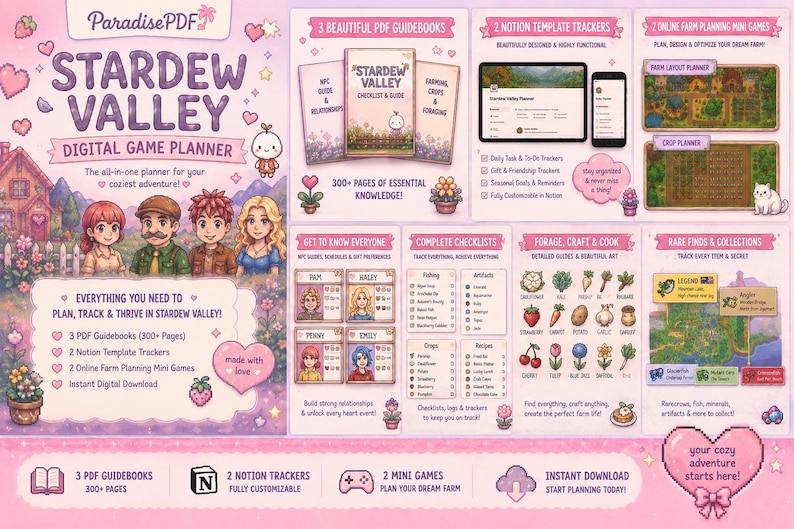 Pu&ograve; includere: Pianificatore di giochi digitale per Stardew Valley, con guide, tracker Notion e minigiochi. Include illustrazioni di personaggi, liste di controllo e strumenti di pianificazione agricola. Il design &egrave; prevalentemente rosa.