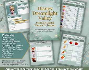 Disney Dreamlight Valley Game Planner | Excel Tracker 2026 | Character, Critter, Tool, Memory, Resource, Recipe, Scramblecoin, Crop Profit