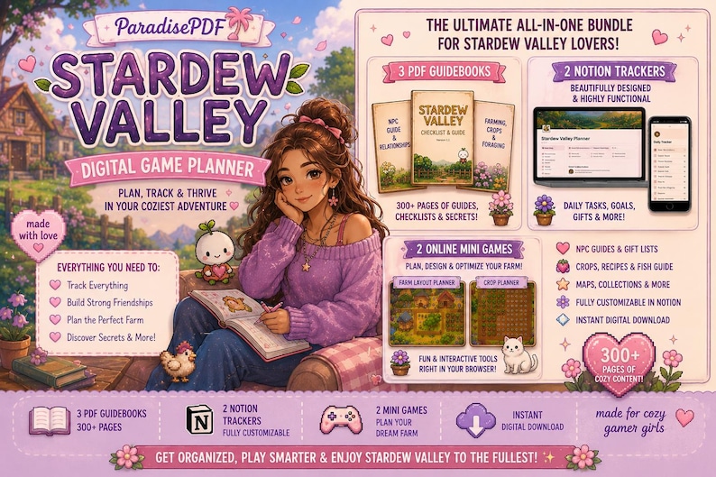 Pu&ograve; includere: Pianificatore di giochi digitale per Stardew Valley, con una donna, guide e tracker Notion. Include mini-giochi e guide per giocatori accoglienti. Il pianificatore aiuta a tenere traccia di tutto, costruire amicizie e pianificare la fattoria perfetta.