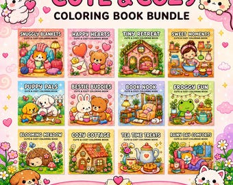 Könnte beinhalten: Ein digitales Malbuch-Paket mit dem Titel CUTE & COZY, bestehend aus 13 PDF-Dateien und 644 Seiten. Das Cover zeigt 12 illustrierte Quadrate mit Themen wie Snuggly Blankets, Happy Hearts, Tiny Retreat, Sweet Moments, Puppy Pals und Bestie Buddies.