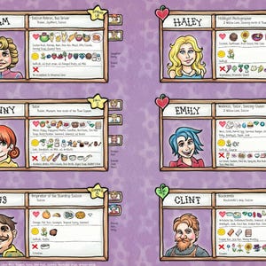 Pu&ograve; includere: Illustrazione colorata con sei schede personaggio con ritratti e dettagli. Ogni scheda ha un nome, una professione e un elenco di oggetti. Le schede sono su uno sfondo viola con elementi decorativi.