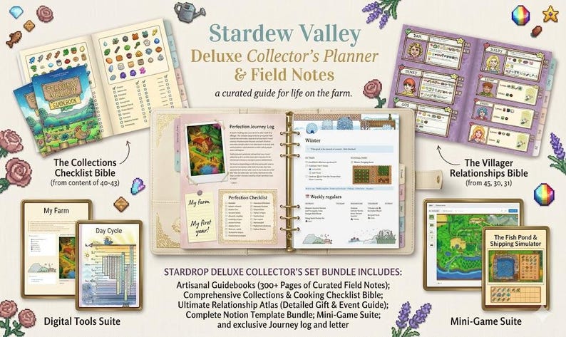 Pu&ograve; includere: Set Stardew Valley Deluxe Collector's Planner & Field Notes. Include guide, una bibbia delle liste di controllo, un atlante delle relazioni, un pacchetto di modelli, una mini-suite di giochi e un diario di viaggio. Guida per la vita in fattoria.