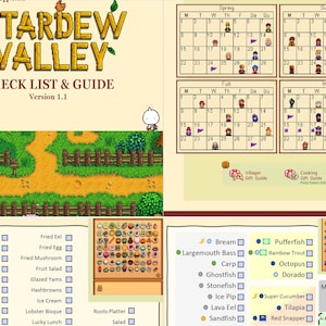 Pu&ograve; includere: Una guida e lista di controllo di Stardew Valley, versione 1.1, con mappa, calendario ed elenchi di oggetti, regali e ricette. La guida presenta icone e testo colorati, per i fan del gioco.
