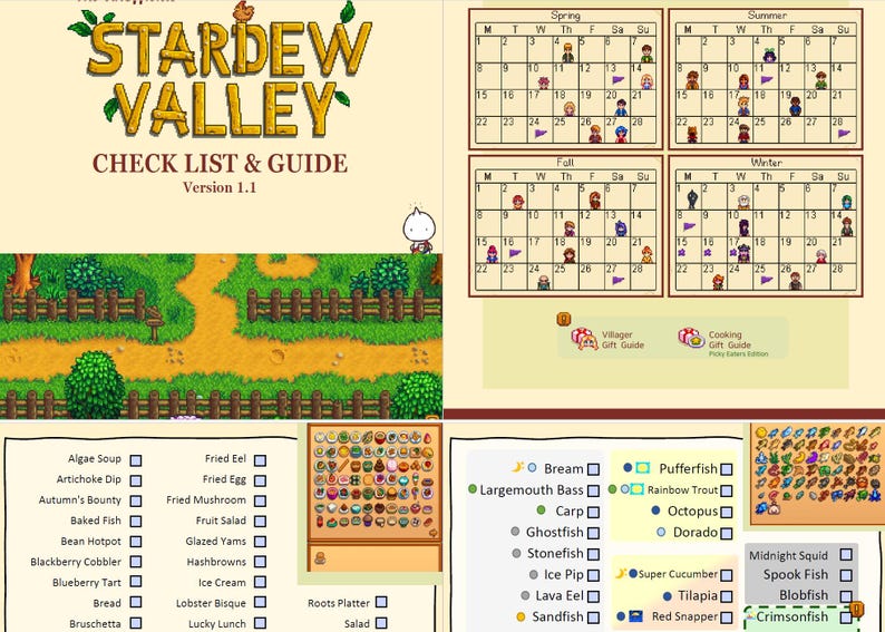 Pu&ograve; includere: Una guida e lista di controllo di Stardew Valley, versione 1.1, con mappa, calendario ed elenchi di oggetti, regali e ricette. La guida presenta icone e testo colorati, per i fan del gioco.