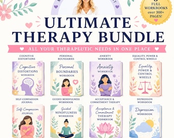 Op de afbeelding: Afbeelding van de "Ultimate Therapy Bundle" met acht werkboeken. De werkboeken behandelen onderwerpen als cognitieve vervormingen en angst. De afbeelding bevat de tekst "Made by a Licensed Therapist" en "Over 300+ Pages!"
