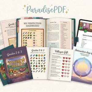 Pu&ograve; includere: Un assortimento di guide e liste di controllo digitali, tra cui una dashboard e una suite di mini-giochi. Le guide presentano illustrazioni colorate e il testo "ParadisePDF". Le guide sono per il gioco Stardew Valley.