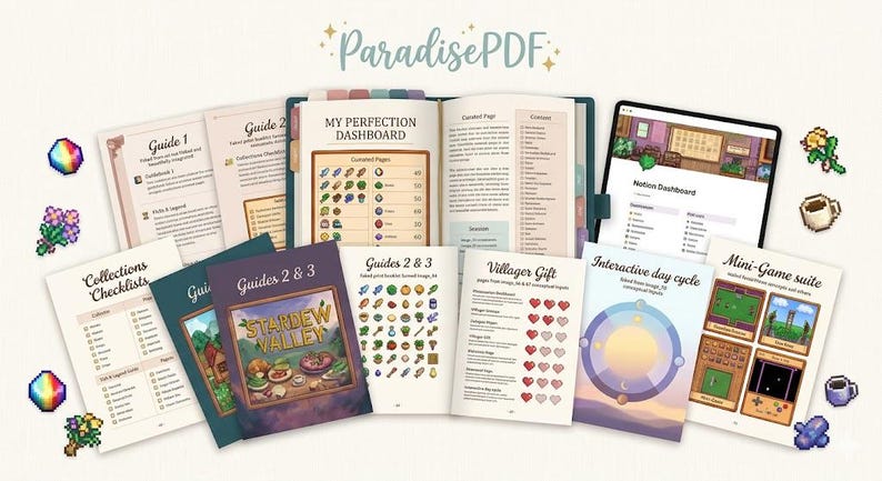 Pu&ograve; includere: Un assortimento di guide e liste di controllo digitali, tra cui una dashboard e una suite di mini-giochi. Le guide presentano illustrazioni colorate e il testo "ParadisePDF". Le guide sono per il gioco Stardew Valley.