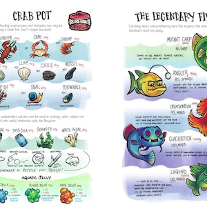Pu&ograve; includere: Guida illustrata con i testi "Crab Pot" e "The Legendary Five". Presenta disegni di varie creature marine come aragosta, granchio e pesce, insieme ai loro pesi in grammi. Include anche gelatina acquatica e alghe.
