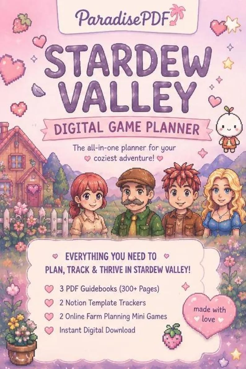 Pu&ograve; includere: Pianificatore di gioco digitale per Stardew Valley, con testo viola e illustrazioni dei personaggi. Include guide, modelli di tracciamento e minigiochi. Il testo recita: "Tutto ci&ograve; di cui hai bisogno per pianificare, monitorare e prosperare a Stardew Valley!"