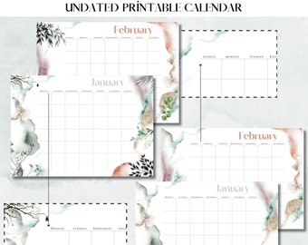 Undated Calendar | Undated Planner Calendar Printables | Pdf | Digital Download | Letter size | A4 | Annual Calendar | Monday&Sunday Start |