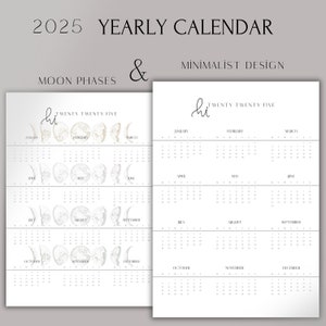 Calendario anual 2025, minimalista y fases lunares, calendario imprimible, descarga digital en pdf, calendario de año nuevo, calendario de una página, hola 2025