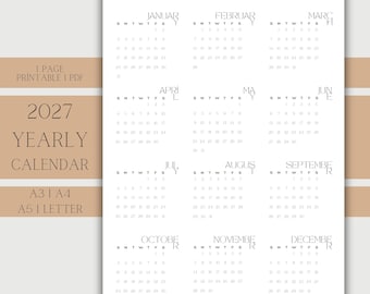 2027 Minimalist Calendar Printable: One-Page Annual Planner (PDF Download A3/A4/A5/Letter Size)