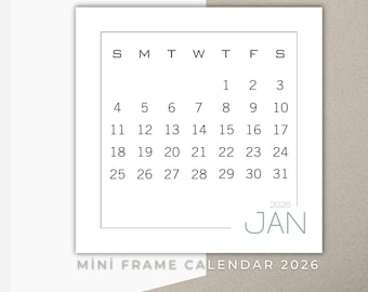 Mini Frame Desk Calendar 2026 Printable: 3x3" Monthly Planner, Sticker (Digital Download)