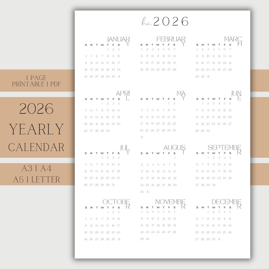 2026 Minimalist Calendar Printable: One-page Annual Planner (PDF ...
