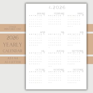 Hi 2026 Yearly Calendar Printable, Minimalist, One Page Calendar pdf, Annual calendar,Year at a Glance, New year 2026 calendar gift A3,A4,A5