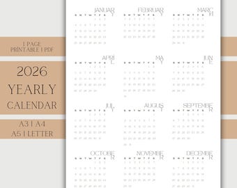 2026 Minimalist Calendar Printable: One-Page Annual Planner (PDF Download A3/A4/A5/Letter Size)