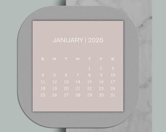 May include: A mini colorful calendar for 2026, featuring the month of January. The calendar has a soft pink background with white text and a gray border. The text "MINI COLORFUL CALENDAR 2026" is at the top.