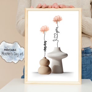 Könnte beinhalten: Druckbarer Kunstdruck mit zwei Vasen mit rosa Blumen. Die Blumen sind stilisiert, so dass sie die Wörter "Mama" und "Ich liebe dich" buchstabieren.