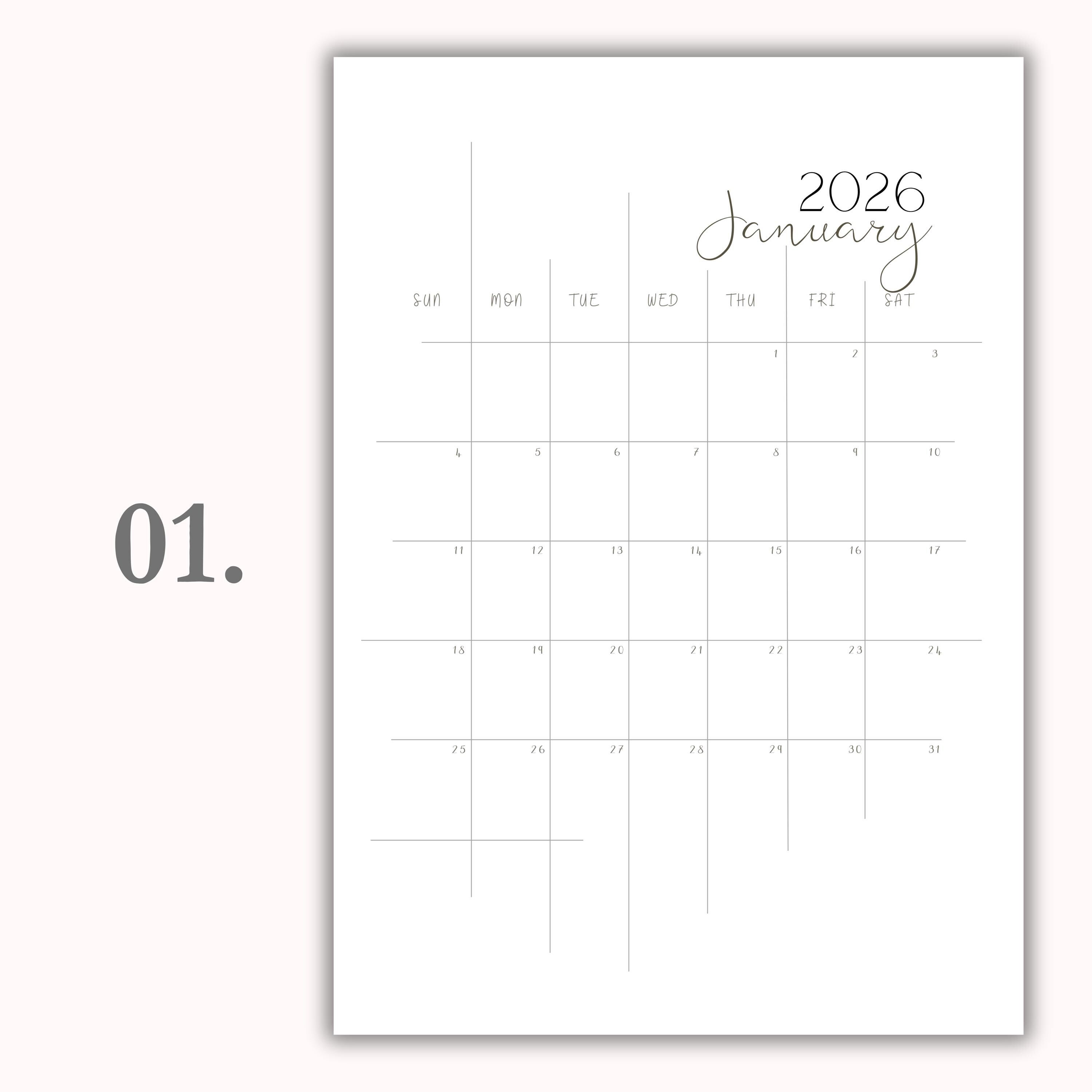 2026 Printable Monthly Calendar: Minimalist Planner (A4, A5, Letter PDF