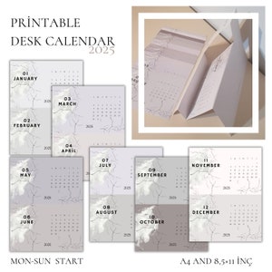 Printable DIY 2025 Desktop Calendar with Stand, A4 & 8.5x11 Monthly PDF, for home and office, Digital download , sunday/monday start, decor