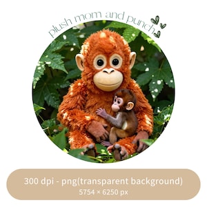 May include: A soft toy orangutan mother and baby monkey are shown in a green setting. The mother is a bright orange colour, and the baby is brown and tan. The image includes the text "plush mom and punch".