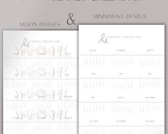 May include: Two minimalist 2026 yearly calendars. One features moon phases, the other a simple layout. The calendars are white with black text. The text includes "2026 Yearly Calendar", "Moon Phases", "Minimalist Design", and month names.