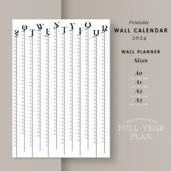 Printable 2024 Wall Calendar, 2024 Wall Planner, Yearly Planner, Year Calendar, Monthly Planner, A0,A1,A2,A3, Full year plan, Download File