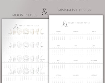 May include: Two 2027 yearly calendars with minimalist design. One calendar features moon phases, the other a simple layout. The text includes "2027 Yearly Calendar", "Moon Phases", and "Minimalist Design". The calendars are in shades of white and gray.