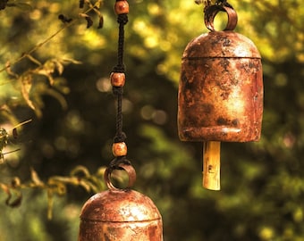 May include: Two copper bells hanging from a tree branch. The bells are attached to black cords with wooden beads. The bells have a rustic, aged look.