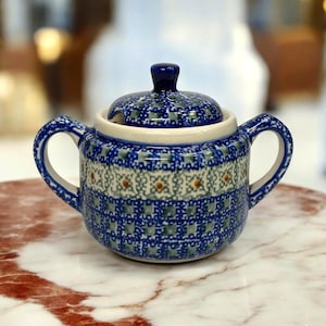Vintage Boleslawiec Polish Pottery Sugar Bowl Hand Painted Blue Green Folk Art | c. 1980s