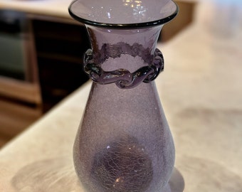 Large Vintage Blenko Amethyst Crackle Vase with Glass Ribbon