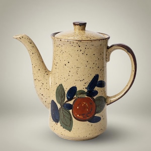 Vintage kaffekanna i stengods, handmålad frukt, japansk stil från 1970-talet, havregrynsglasyr