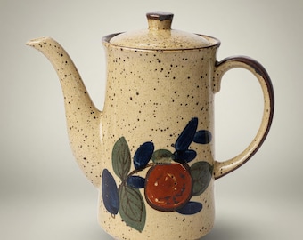 Cafetière vintage en grès moucheté, fruits peints à la main, style japonais des années 1970, glaçage à la farine d'avoine