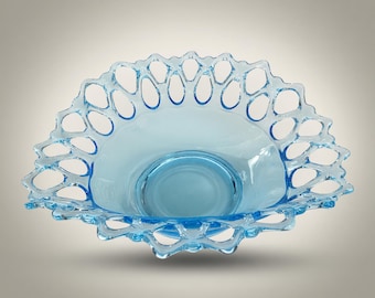 Westmoreland 'Dorische' open ovale blauwe glazen kom met open kant ~ vintage persglas uit het midden van de eeuw, 12 inch