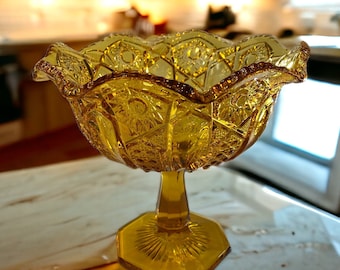 Vintage LE Smith Amber Glass Compote: Heritage Quintec Pedestal Candy Dish