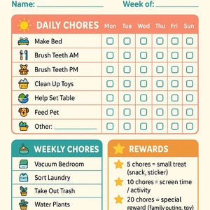 Printable Kids Weekly Chore Chart – Fun & Colorful Responsibility Chart – Digital Download – Routine Tracker for Children