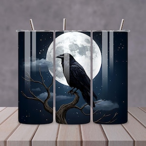Raven Moon Tumbler Wrap 20oz Sublimation Design, Dark Bird Full Moon Seamless Tumbler Design, Spooky Gothic Tumbler Wrap PNG