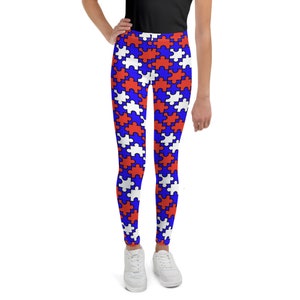 Youth Red, White & Blue Puzzle Leggings, Patriotic Pattern, 4th of July Outfit, Unisex Bottoms