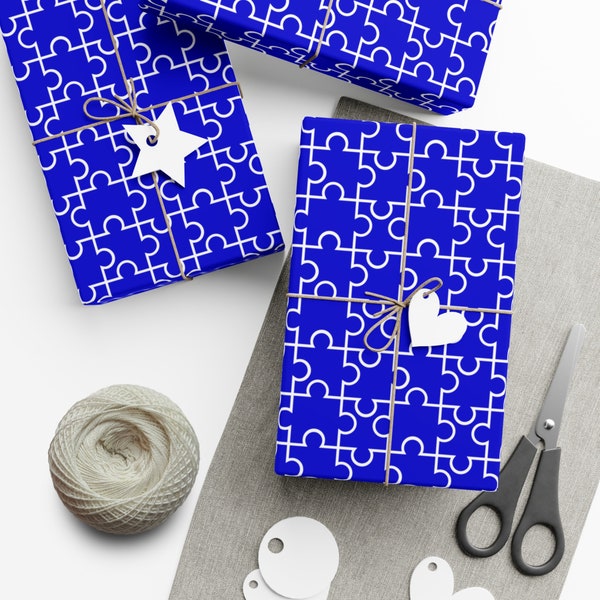 Blue Puzzle Patterned Gift Wrap, Jigsaw Puzzle Piece Design, Holiday Gift Wrap, Jewish Wrapping Paper, Hanukkah Presents