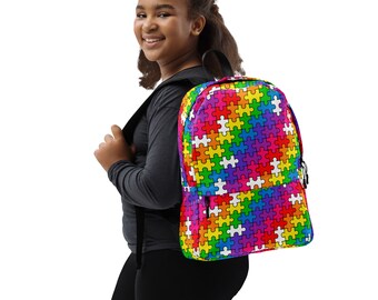 Rainbow Puzzle Print Backpack, Fun Patterned Travel Bag - Etsy display picture 3