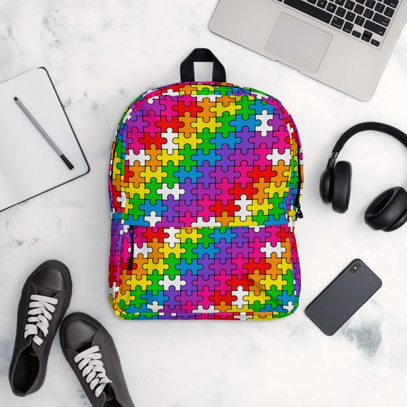 Rainbow Puzzle Print Backpack, Fun Patterned Travel Bag - Etsy display picture 2