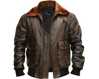 Handmade G1 Military Distressed Brown WWII Cockpit Pilot Flying Jacket Cowhide Bomber Jacket for Men in Real Leather with Faux Fur Collar