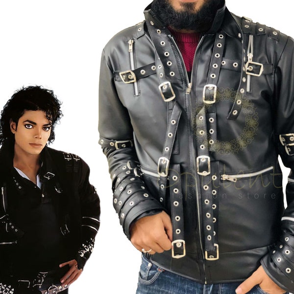 Chaqueta de cuero de concierto de Michael Jackson hecha a mano, chaqueta de cuero negro MJ Bad Cosplay, chaqueta de cuero de motocicleta para hombres