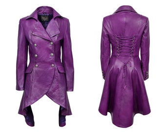 Edwardian Long Tail Jacket Coat Leather Laced Back Purple Victorian Gothic Jacket Leather Coat for women