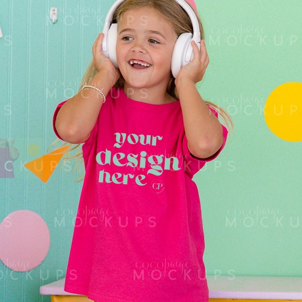 Heliconia Gildan 5000 Shirt Mockup, Kid's Shirt Mockup, Pink Shirt, Girl's T-shirt Modeled Mock-Up, Baby Tee, Pink Gildan 5000b, Youth tee