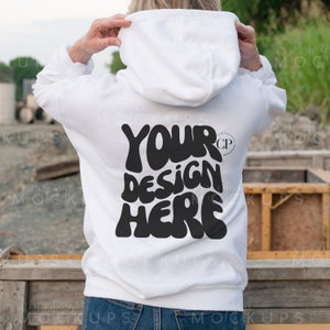 Gildan 18500 White MockUp, Outdoor White 18500 Model, Back of 18500 Mockup, Hooded White Sweatshirt Mock-up, Model White Hoodie Outdoor Mock