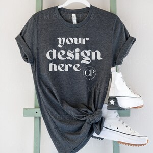 Bella Canvas 3001 TShirt Mockup, Bella Canvas Dark Heather Gray, TShirt Dark Grey Heather Mockup, Fall Mock up, Hanging T-shirt Mockup Grey