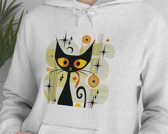 Mid Century Modern Atomic Cat Hooded Sweatshirt, Atomic Era Black Cat Hoodie,  Mid-Century Cat 1950 Retro Clothing, Unisex Hooded Sweatshirt