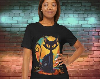 Black Cat with Vibrant Moon T-Shirt,  Art Deco Cat Shirt, MCM Mid Century Retro Cat, Fall Halloween T-shirt,  Unisex Tee, Cat Lady Shirt